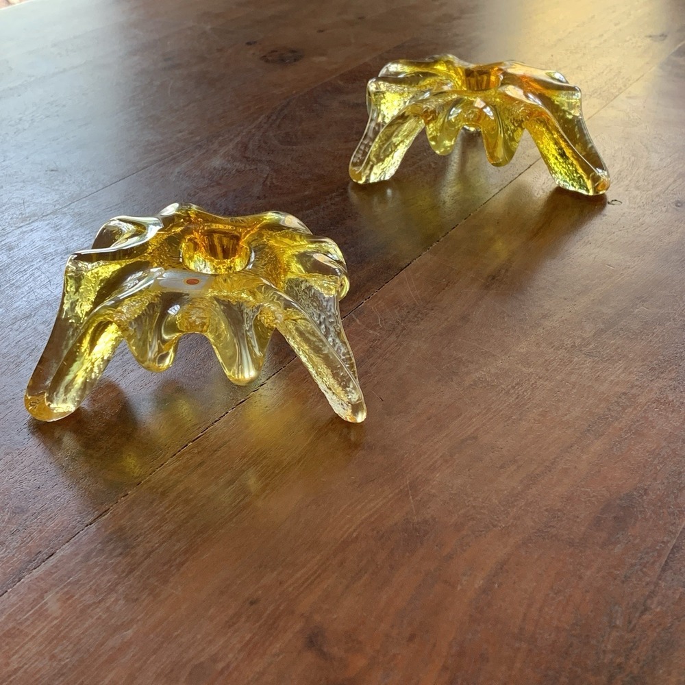 Vintage BLENKO Glass Yellow Candlestick Holder Rare Color Atomic Ice Art Glass - Picture 16 of 16
